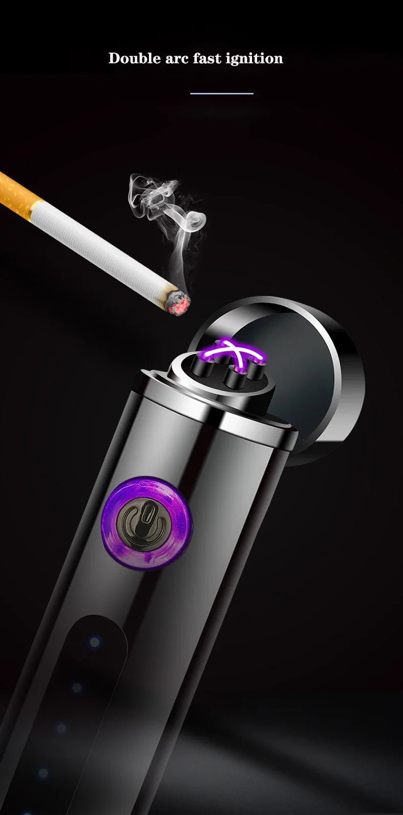 New Metal USB Windproof Lighter Personalized Cylindrical Compact Double Arc Plasma Lighter Portable Smoking Accessories Gadget