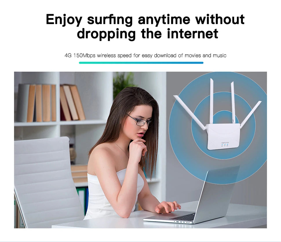 4G LTE WIFI Router 150Mbps 4 External Antennas Power Signal Booster Hotspot Smoother Wired Connection Intelligent Micro SIM Card