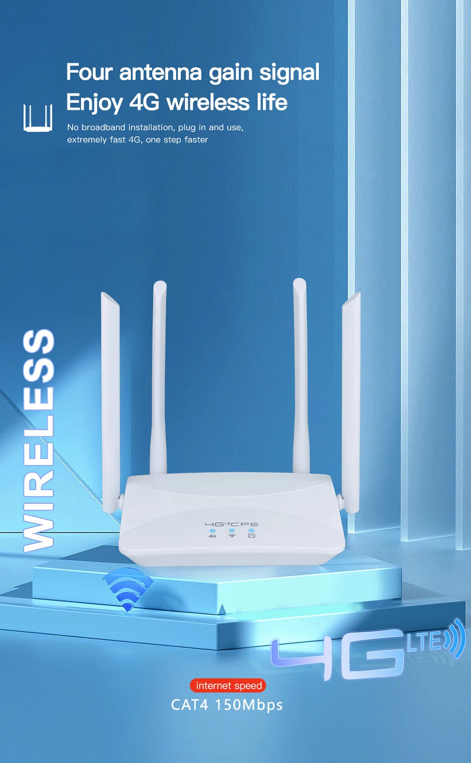 4G LTE WIFI Router 150Mbps 4 External Antennas Power Signal Booster Hotspot Smoother Wired Connection Intelligent Micro SIM Card