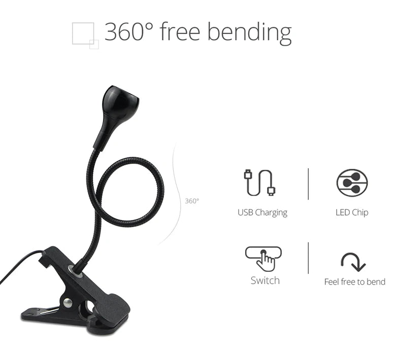 Flexible Table Lamp USB Power Lamp Reading Book Light With Holder Clip Study Reading Lamps Bedside Table Bedroom Decor Nightlamp