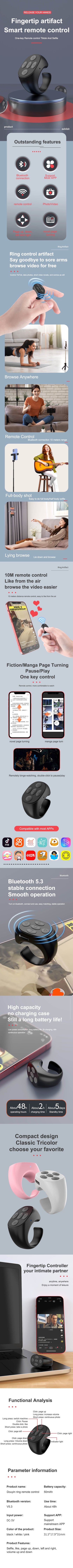 2025 Bluetooth Tiktok Remote Control Ring Gadget Flipping Selfie Fingertip Controller Give Likes 4 Buttons 10m for IPhone Xiaomi